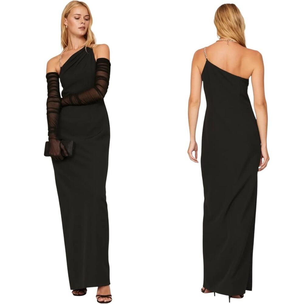 AIDAN MATTOX One Shoulder Chain Strap Evening Gown Black Formal Dress